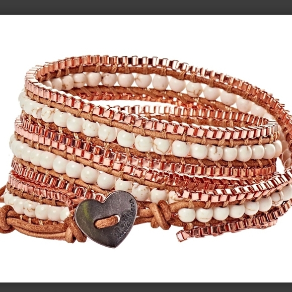 Ginger - Copper & White Beads with Tan Leather - Triple Wrap Bracelet - Picture 1 of 4